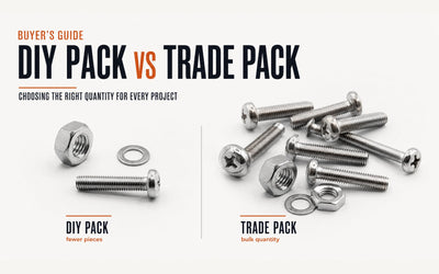 Buyer guide graphic comparing DIY pack and trade pack stainless fastener quantities