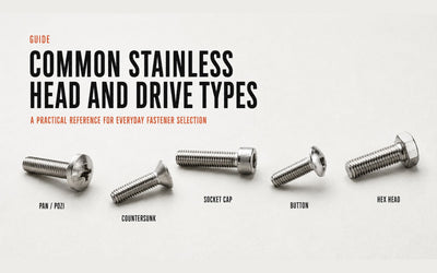 Guide graphic showing common stainless fastener head and drive types