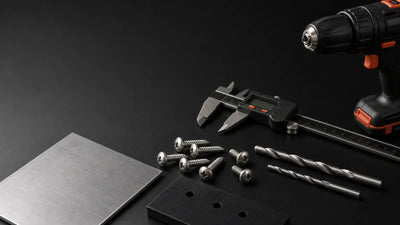Stainless steel self-tapping screws with drill bits, a caliper, aluminium sheet and engineering plastic
