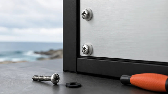 Stainless steel screws with insulating washers fitted to a satin aluminium panel