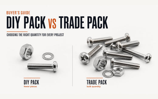 Buyer guide graphic comparing DIY pack and trade pack stainless fastener quantities