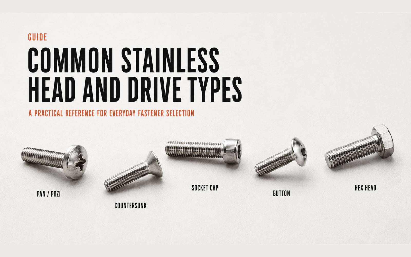 Guide graphic showing common stainless fastener head and drive types
