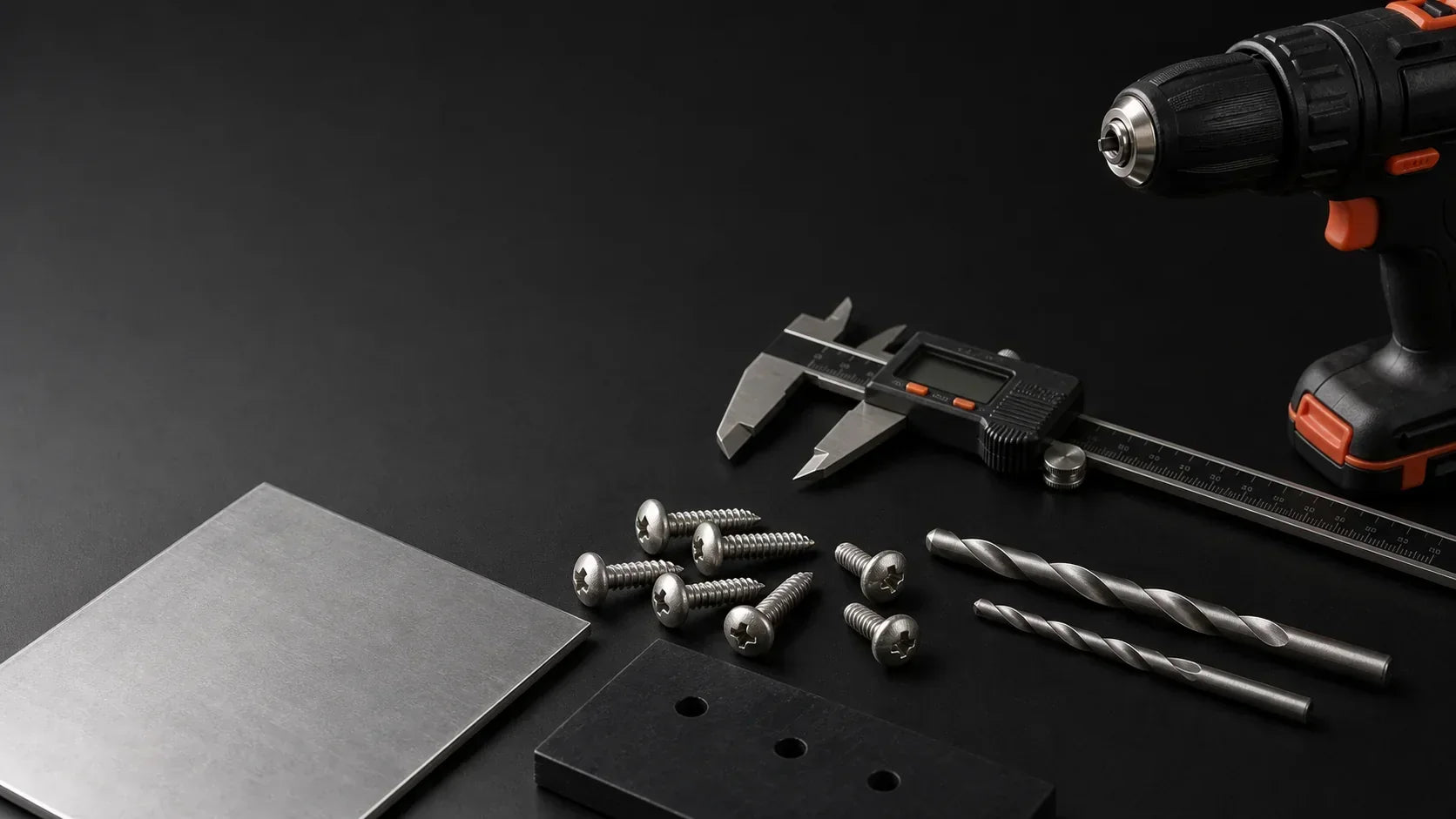 Stainless steel self-tapping screws with drill bits, a caliper, aluminium sheet and engineering plastic