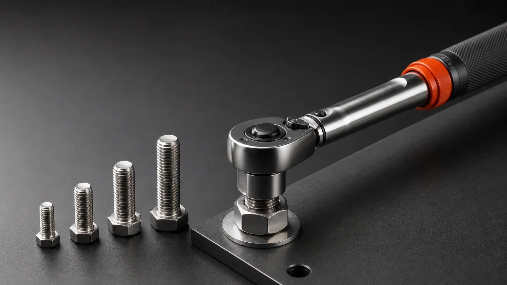 Torque wrench fitted to a stainless steel hex bolt beside a range of metric bolts
