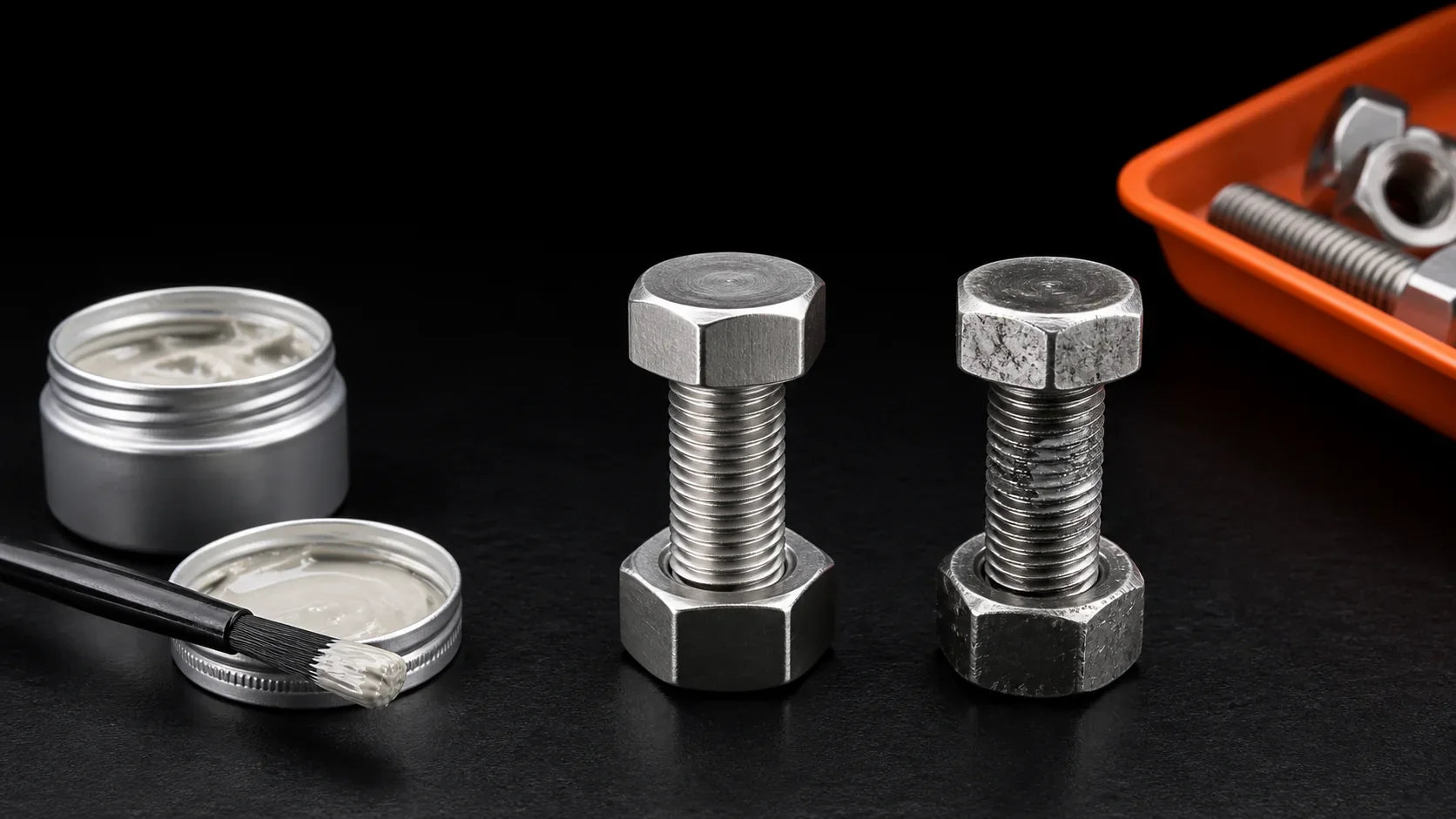 Clean and galled stainless steel bolt assemblies beside anti-seize compound