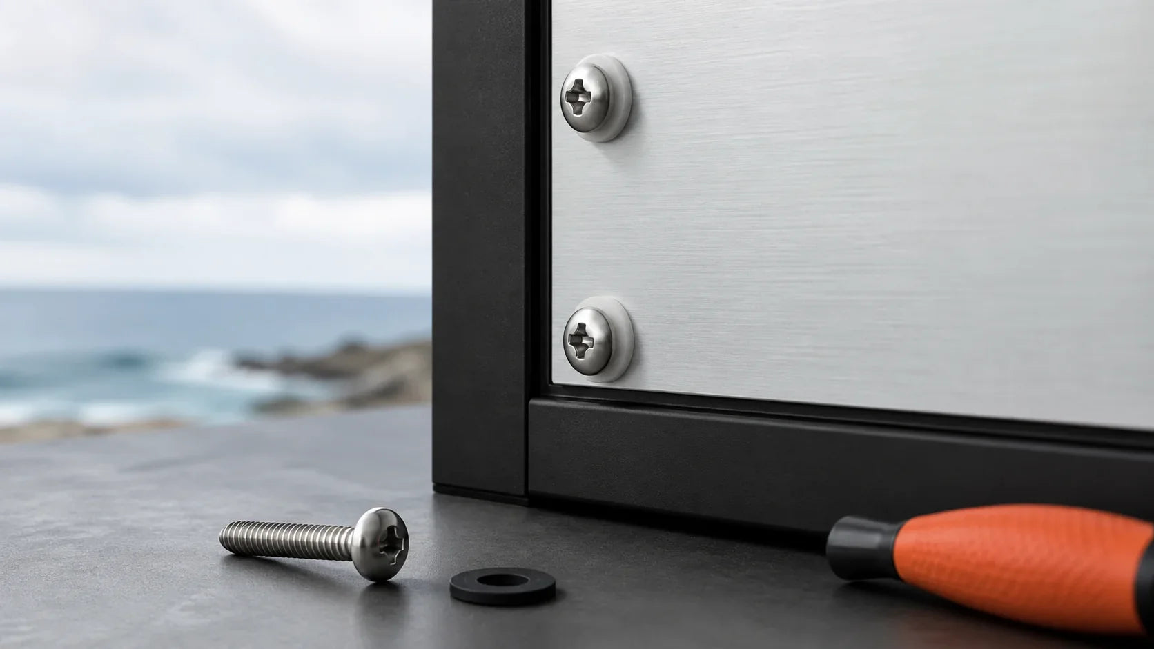 Stainless steel screws with insulating washers fitted to a satin aluminium panel