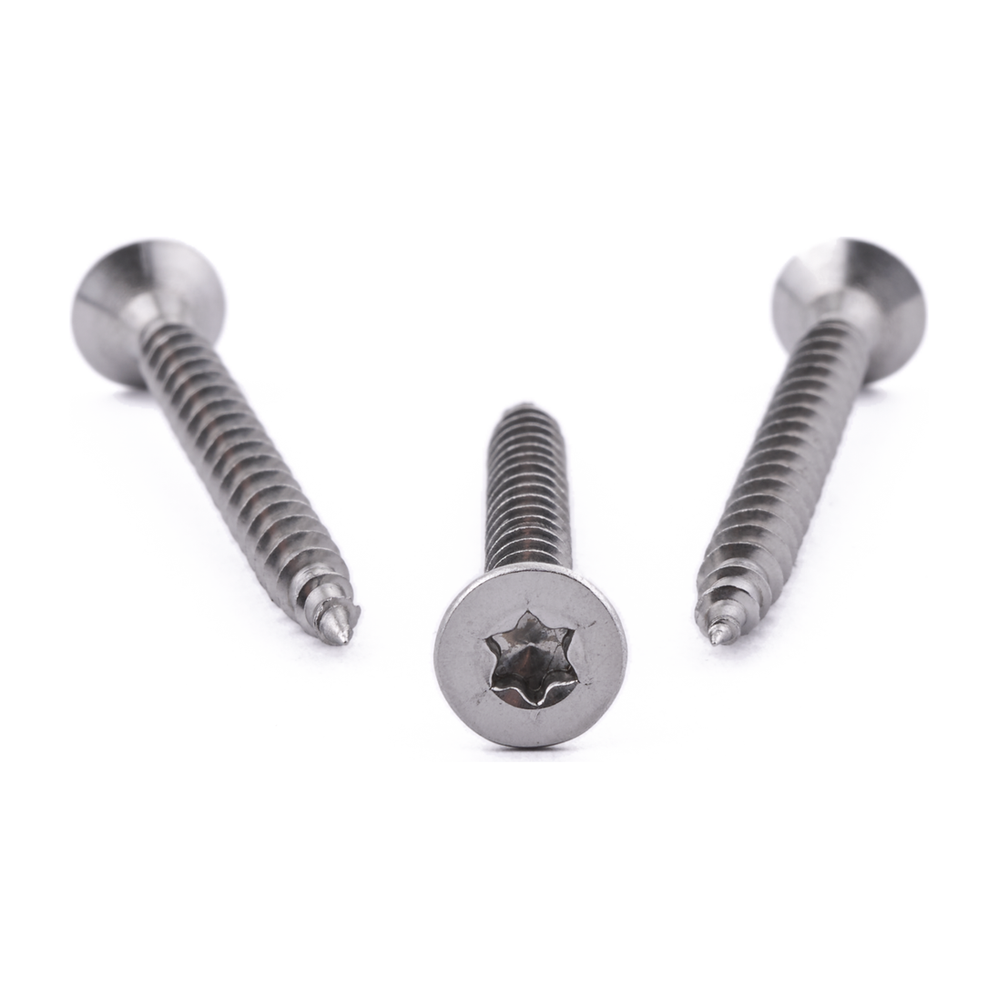 Countersunk chipboard screw with six lobe drive, stainless steel