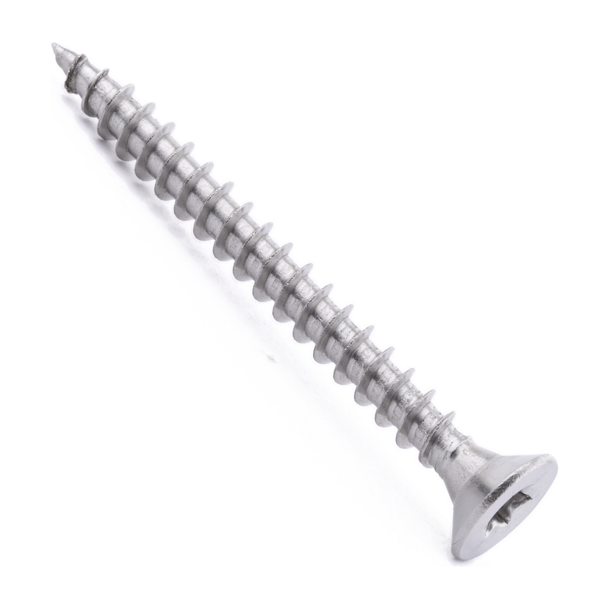 Countersunk chipboard screw with six lobe drive, stainless steel