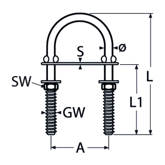 U-bolt with nut, plate and washer, stainless steel