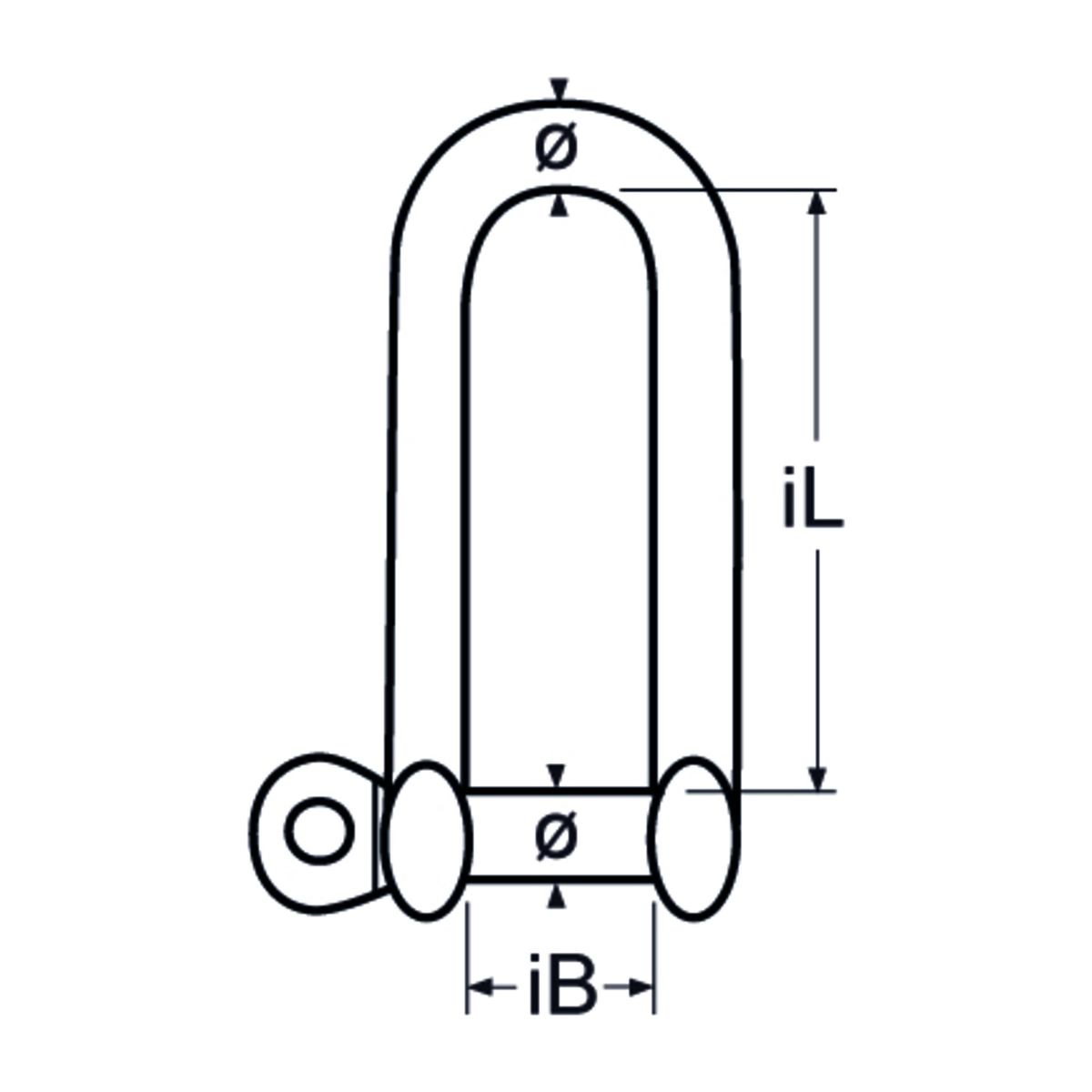 Long straight shackle, stainless steel