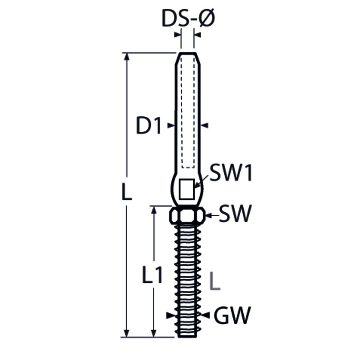 M6 Swage Stud with Nut for 3mm Wire Rope, Left Hand Thread A4 Stainless Steel