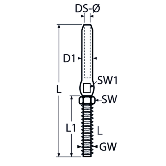 M6 Swage Stud with Nut for 3mm Wire Rope, Left Hand Thread A4 Stainless Steel
