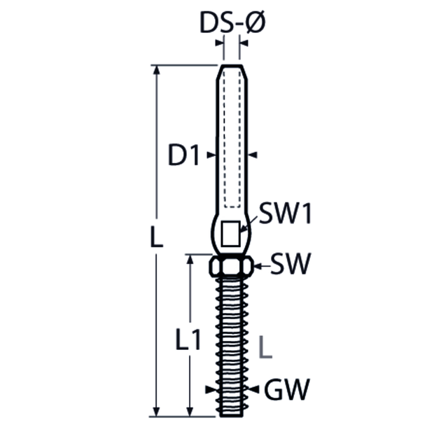M6 Swage Stud with Nut for 3mm Wire Rope, Left Hand Thread A4 Stainless Steel