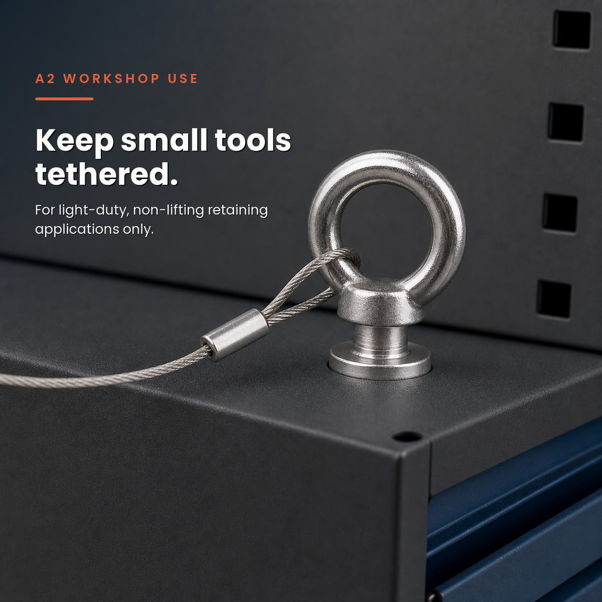 Cast Eye Bolt in a real-life workshop application. For light-duty, non-lifting retaining applications only.