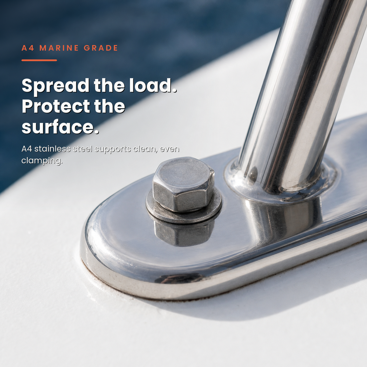 Flat Washer, Form A in a real-life marine application. A4 stainless steel supports clean, even clamping.