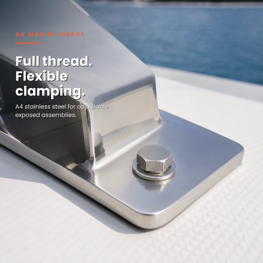 Hexagon Head Set Screw in a real-life marine application. A4 stainless steel for adjustable exposed assemblies.